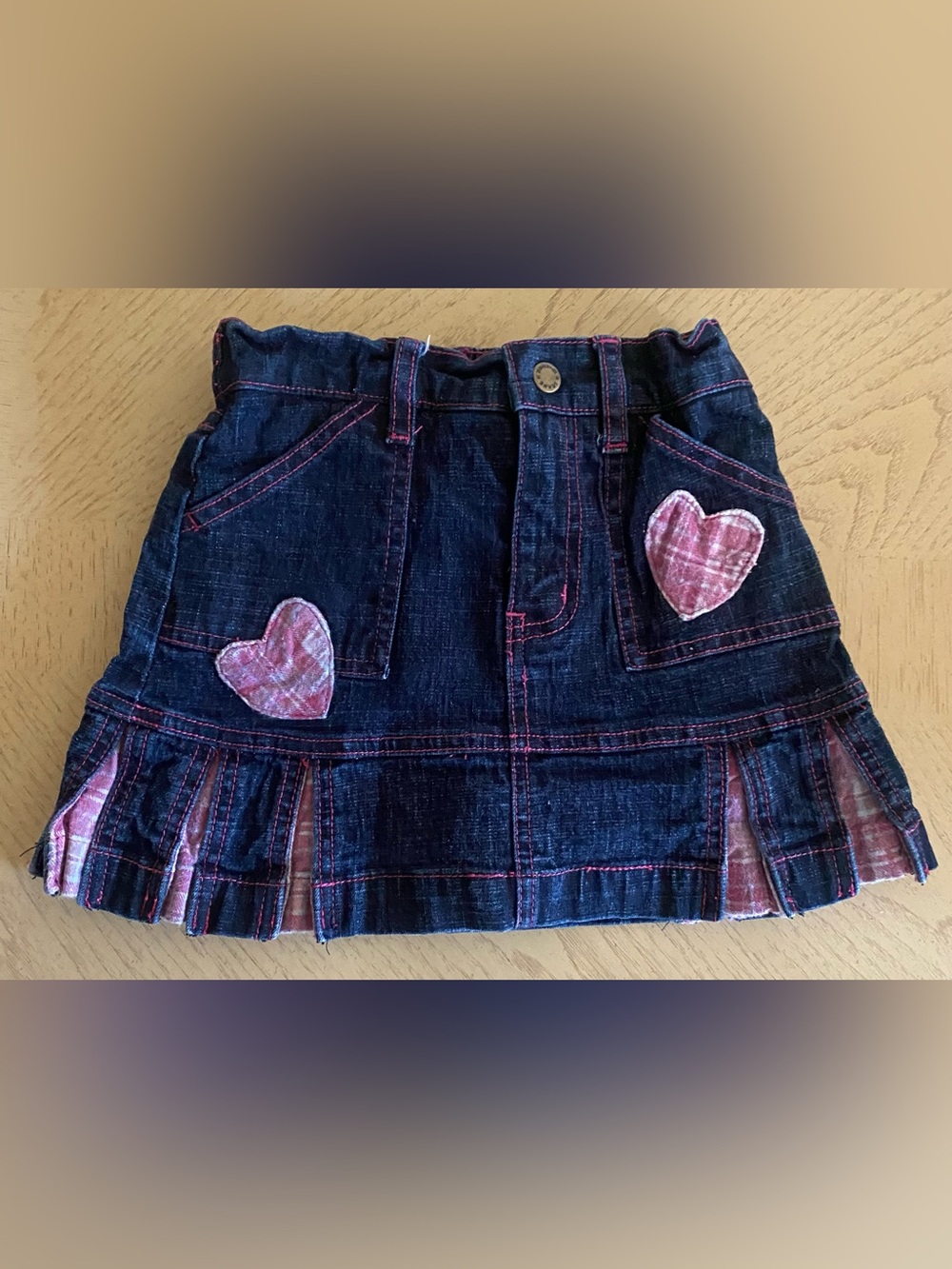 Zana Di Sz 5 Dark Blue Denim Skort with Pink Plaid Heart Patches & Ruffle Pleats